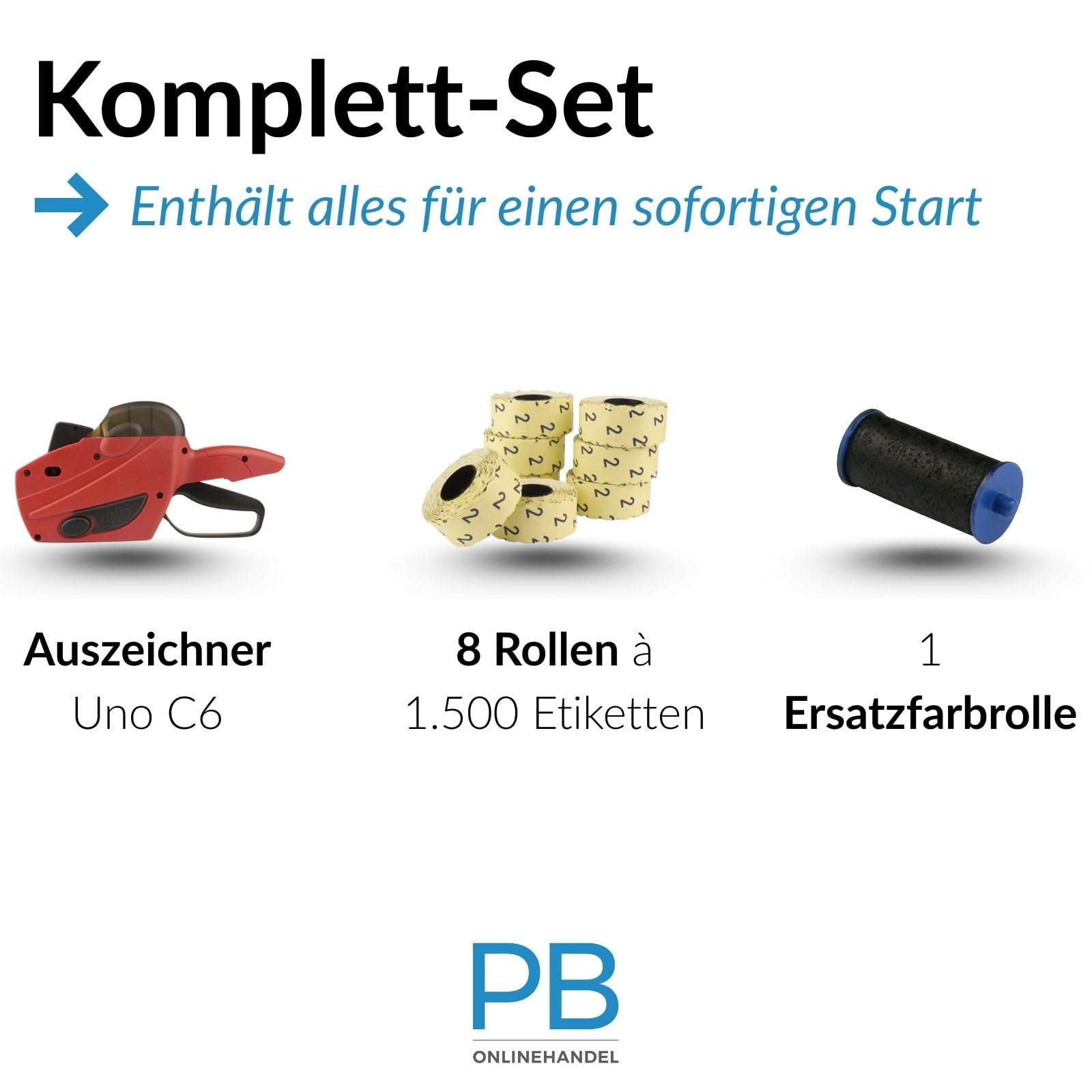 Preisauszeichner Uno C6 6-stellig Set inkl. 8 Etikettenrollen + Farbrolle | 8 Etikettenrollen nach Wunsch, 1 Ersatzfarbrolle, Handauszeichner