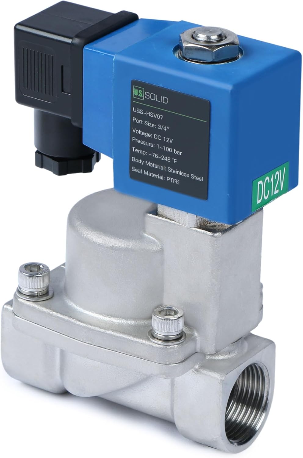 U.S. Solid 3/4" High Pressure Solenoid Valve, 12V DC, Stainless Steel, 100 bar, -76°F to 248°F – Heat-Resistant, High-Pressure Valve for Industrial Use, Water, Gas, Oil and Fluid Control