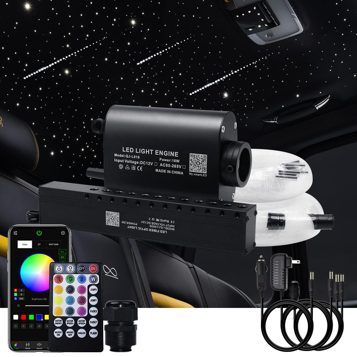 AKEPO 16W Car Home RGBW APP + Music Activated + Meteor Effect Fiber Optic Lights Star Ceiling Light Kit, 430pcs Mixed Fiber Cable 9.8ft/3m + 28key Musical Remote