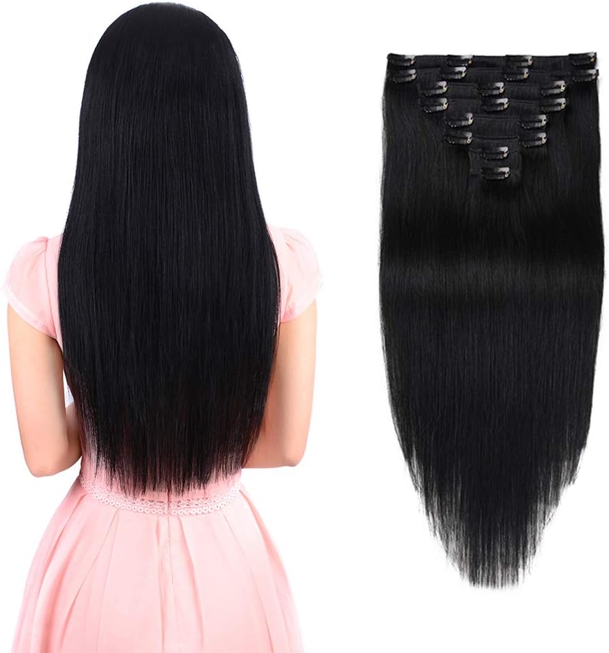 Real Clip in Hair Extensions Black 8 Pieces - Premium Womens Straight Double Weft Thick Remy Hair Extensions Clip in on Human Hair for Short Hair (12" / 12 inch, 1, 82 grams/3.3 Oz)