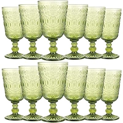 Wine Glasses Set of 12 Vintage Goblet 9 oz Vintage Colored Glass Goblet Beverage Stemmed Glass Cups Romantic Embossed Glassware for Wedding Party Holidays Anniversary (Green)