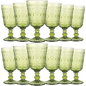 Wine Glasses Set of 12 Vintage Goblet 9 oz Vintage Colored Glass Goblet Beverage Stemmed Glass Cups Romantic Embossed Glassware for Wedding Party Holidays Anniversary (Green)