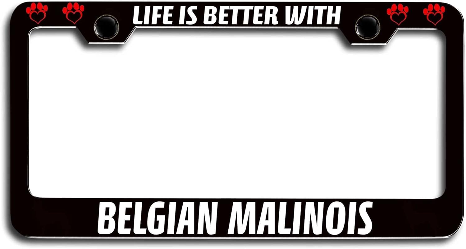 Makoroni - Life is Merrier with Belgian Malinois Dogs Pets Black Metal License Plate Frame Tag Holder, #p51