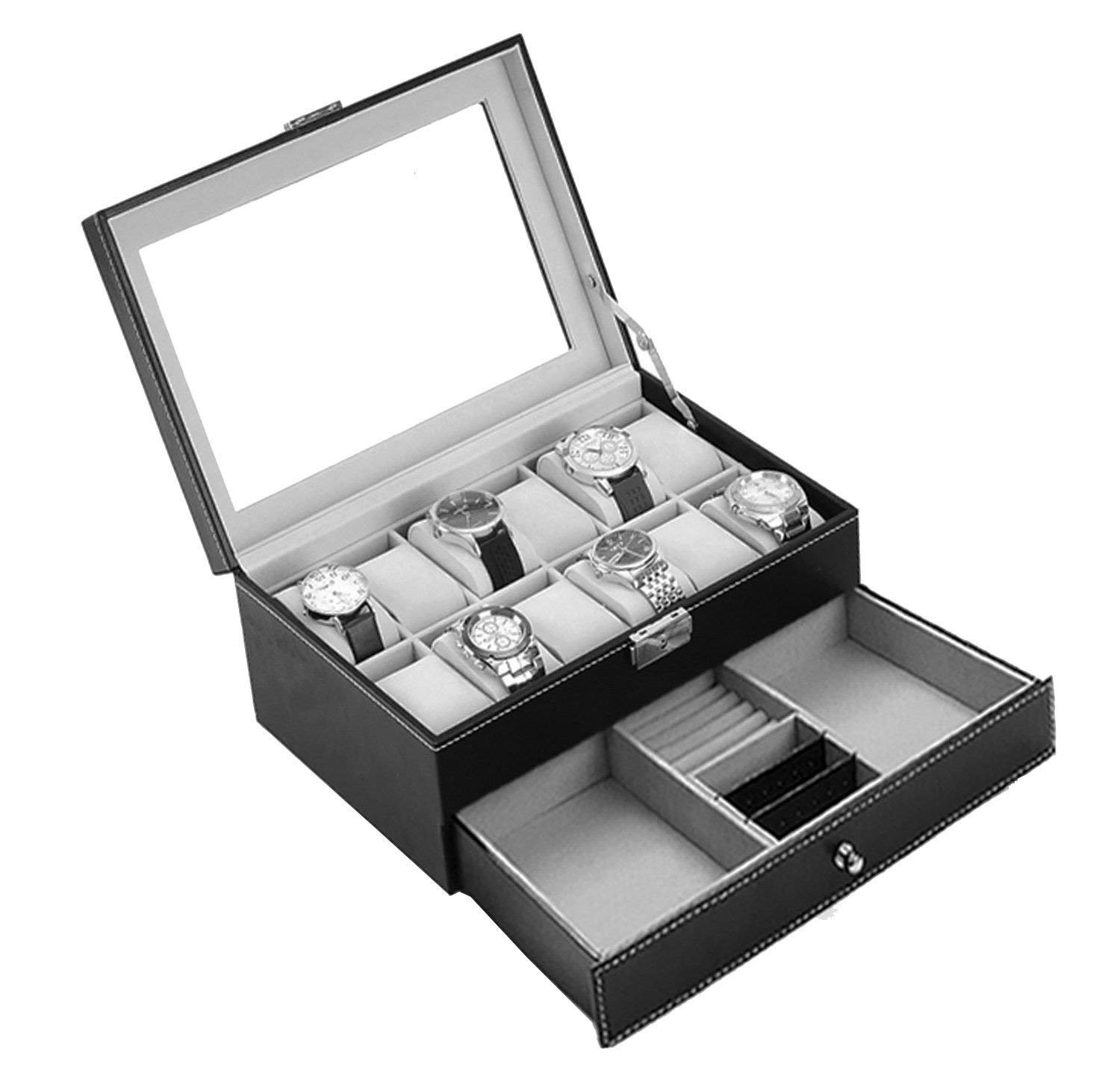 12 Slots Horloge Display Doos Met Sieraden Lade, 2 Laag Zwart Pu Lederen Afsluitbare Horloge Opbergdoos Met Doos Groot Glazen Deksel En Sleutel Voor Kettingen Bh