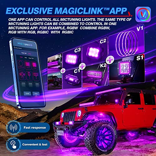 Mictuning 8 Pods C2 Curved Rgbw Led Rock Lights Kit Plus With 15.5'' Rgbw Led Wheel Ring Lighting Kit With App Control #TOP7