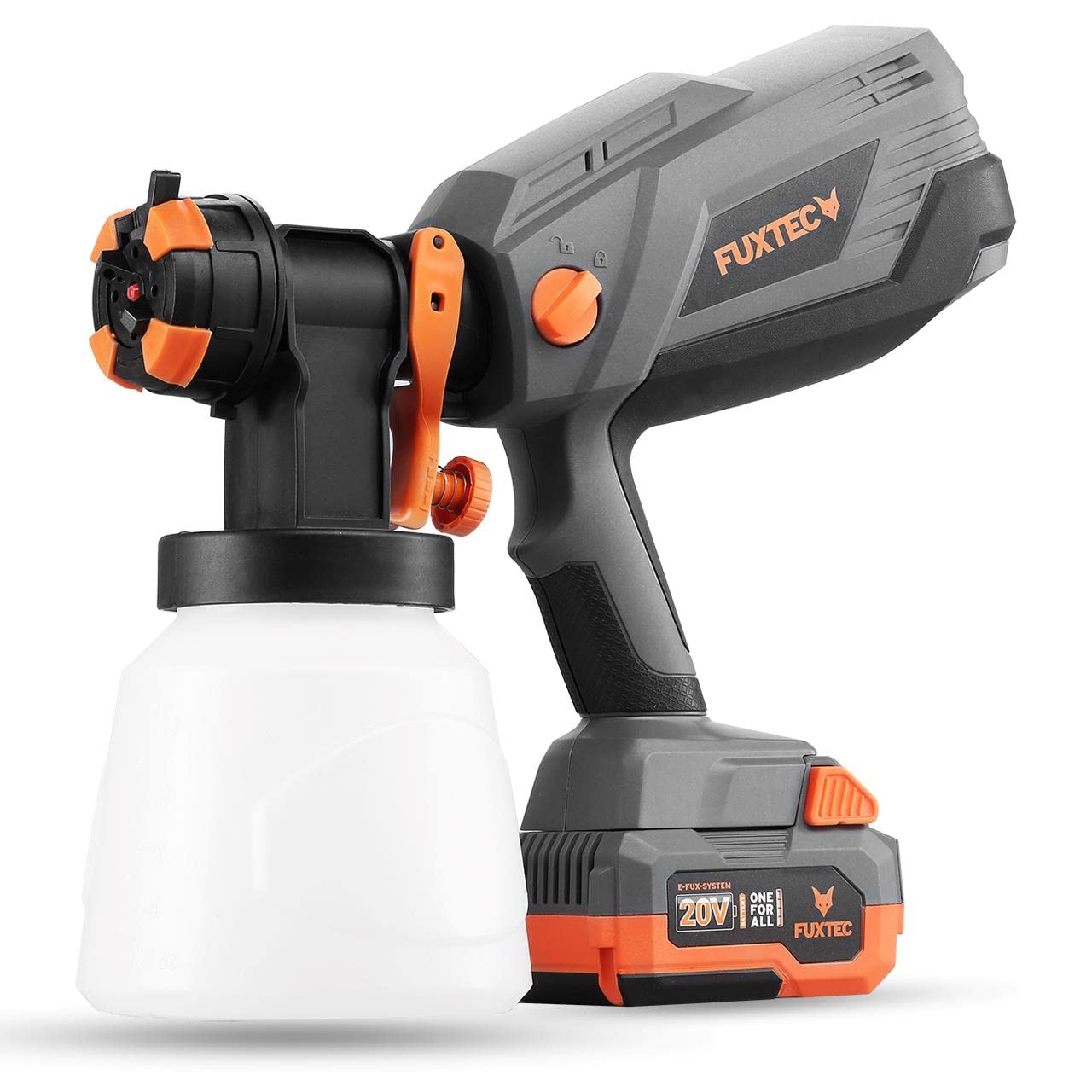 Fuxtec Akku Farbsprühsystem 20V FX-E1CSP20-SET – 1l Lackierpistole – Farbsprüher mit 3 Sprühmustern und verschiedenen Düsen – Sprühpistole 600ml/min – Inklusive Akku und Ladegerät