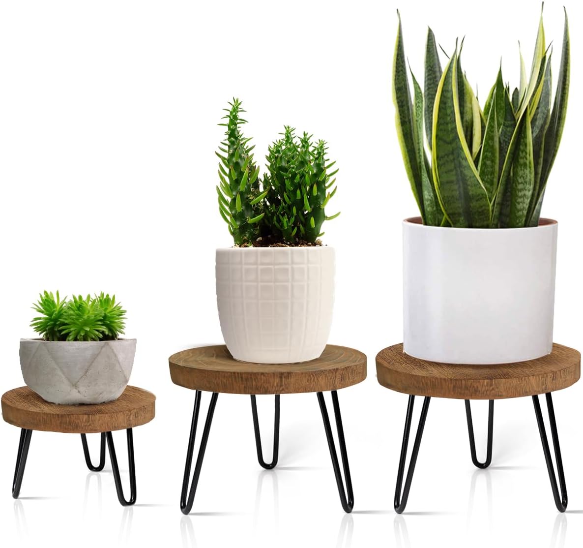 Plant Stand Indoor Outdoor, Wooden plant Stool, Mid Century Plant Stand for Indoor Plants, Wood Modern Plant Holder Rattan Flower, Low Short Boho Rustic Planter Stand Fit 5-15 Inch Pot(S,M,L) 3Pack