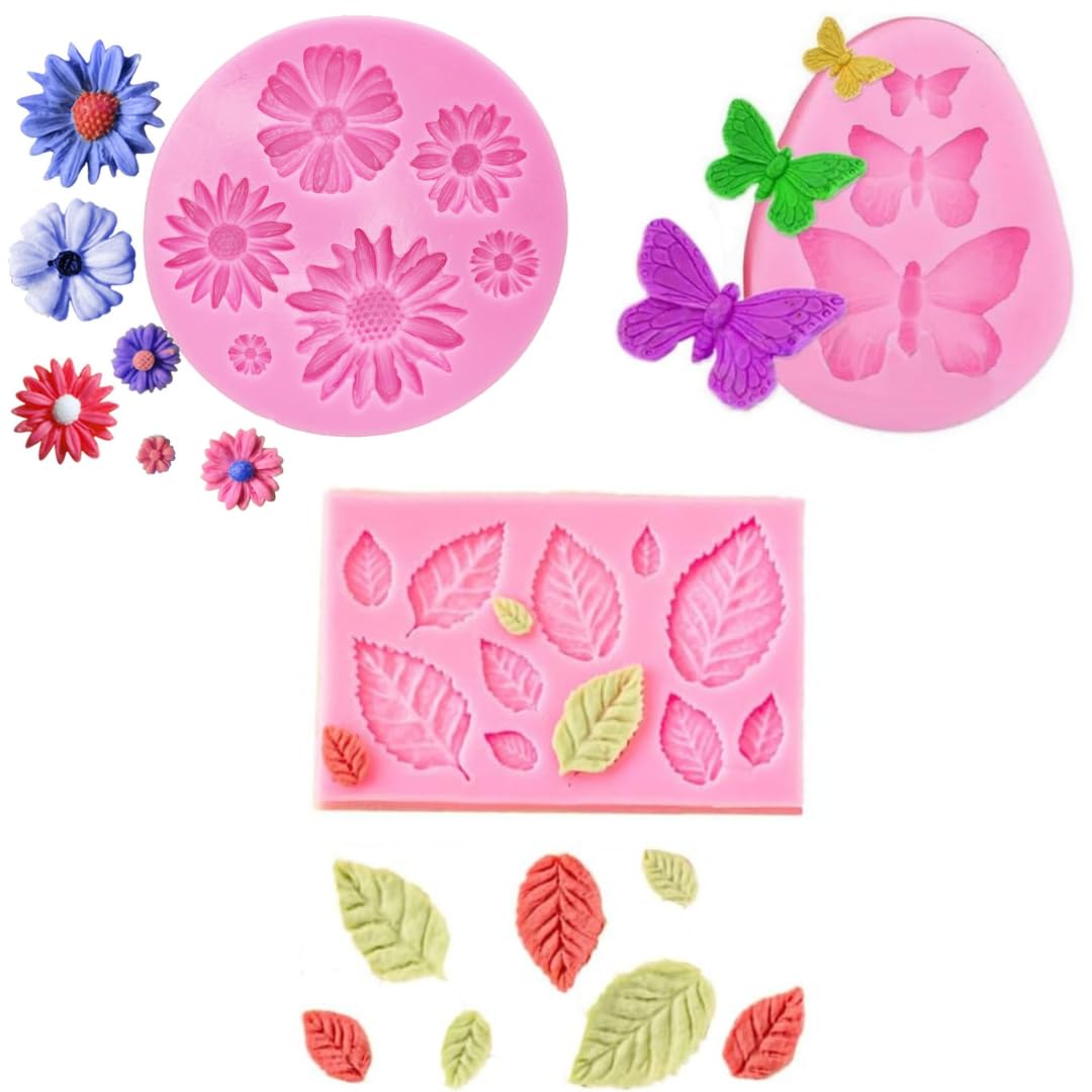 skytail 3pc daisy butterfly & leaves silicone candle moulds for candle making soap candle mini wax melts home decoration 3d different size flower silicone cake moulds cookie muffin soap
