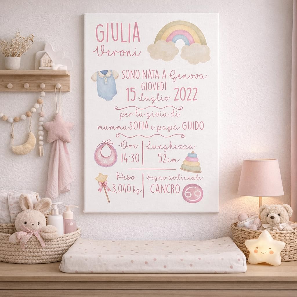Quadro in Tela - Quadretto Nascita Personalizzato - Idea Regalo Bimba o Bimbo, Neonata o Neonato -Grafica Arcobaleno 20X30cm (Rosa)