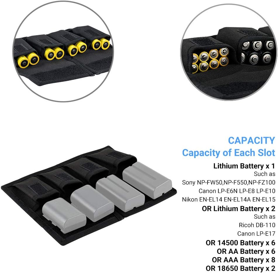 (6 Pockets) Camera Battery and SD Card Pouch Holder for 18650 x 8, AA, LP-E6N LP-E6NH LP-E17 EN-EL14 EN-EL15 NP-FW50 NP-FZ100 NP-W126S Battery,Suitable for Canon M50 Mark II 5DM4 6DM2 80D Sony A7R IV