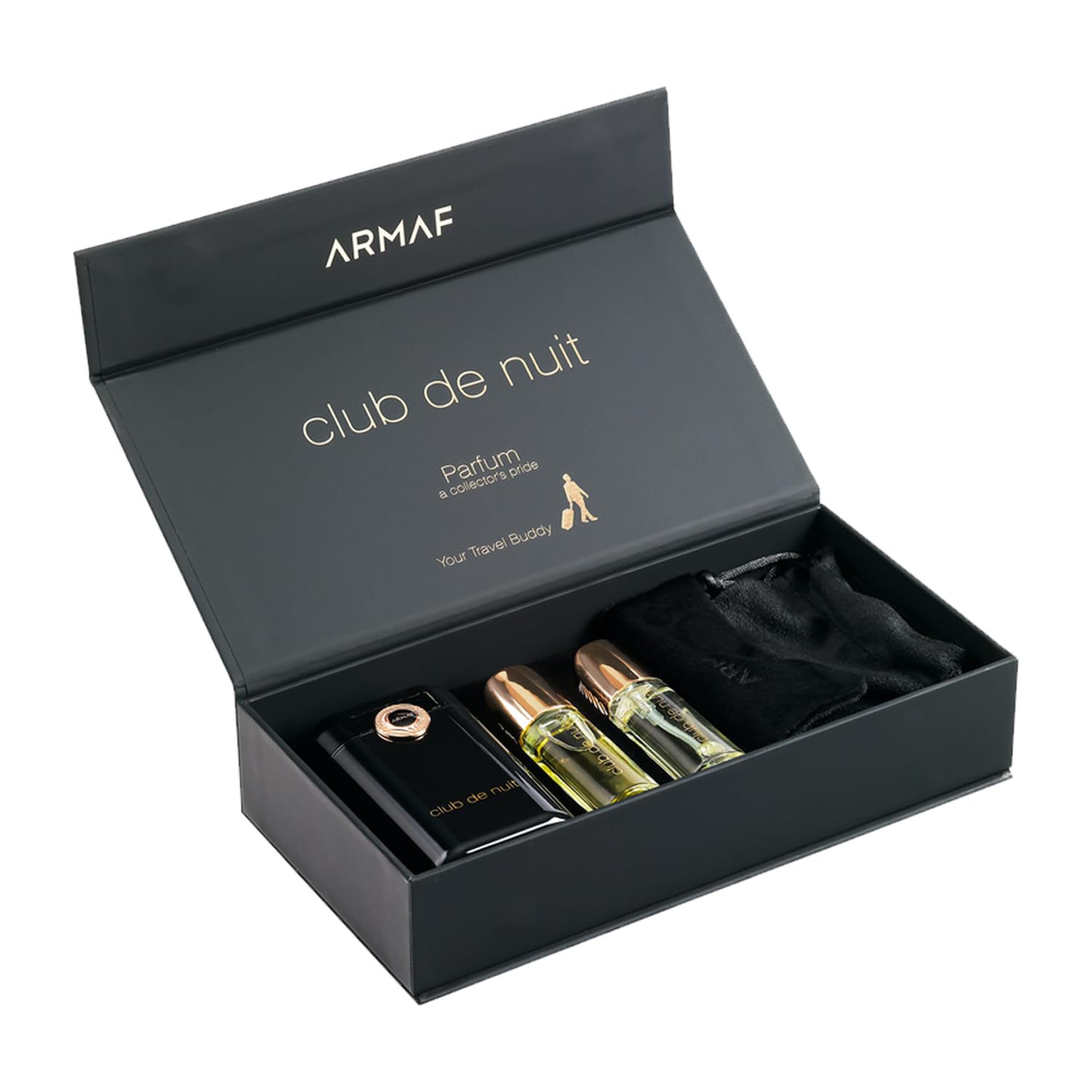 Armaf Club De Nuit Intense - Fruity, Woody, Amber - 4 Stück Travel Set for Men (12ml EDP Spray + 12ml Duftkonzentrat + Luxus Case + Pouch)