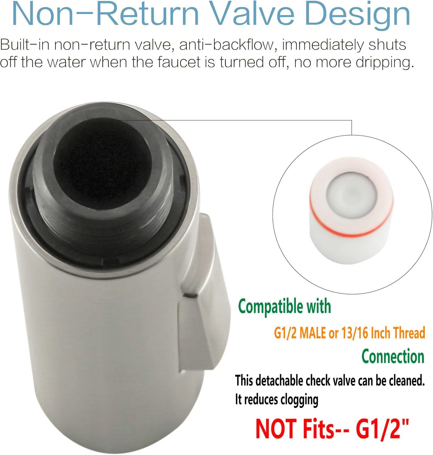 PULL down kitchen faucet sprayer head replacement,| G1/2 male or 13/16inch,| 2-Functions pull out kitchen sink faucet head replacement parts Compatible with RV/Giagni/WOWOW/OWOFAN Brushed Nickel
