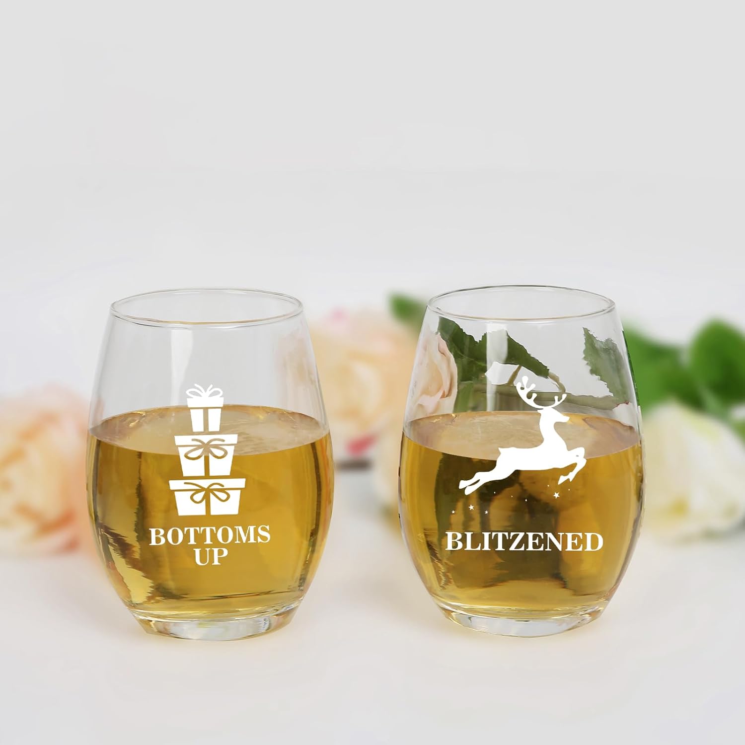 Funny Christmas Wine Glasses, Set of 4 Christmas Stemless Wine Glass for Men Women Friends Family Coworker, Holiday Gifts, Unique Gift Idea for Christmas New Year, 15Oz
