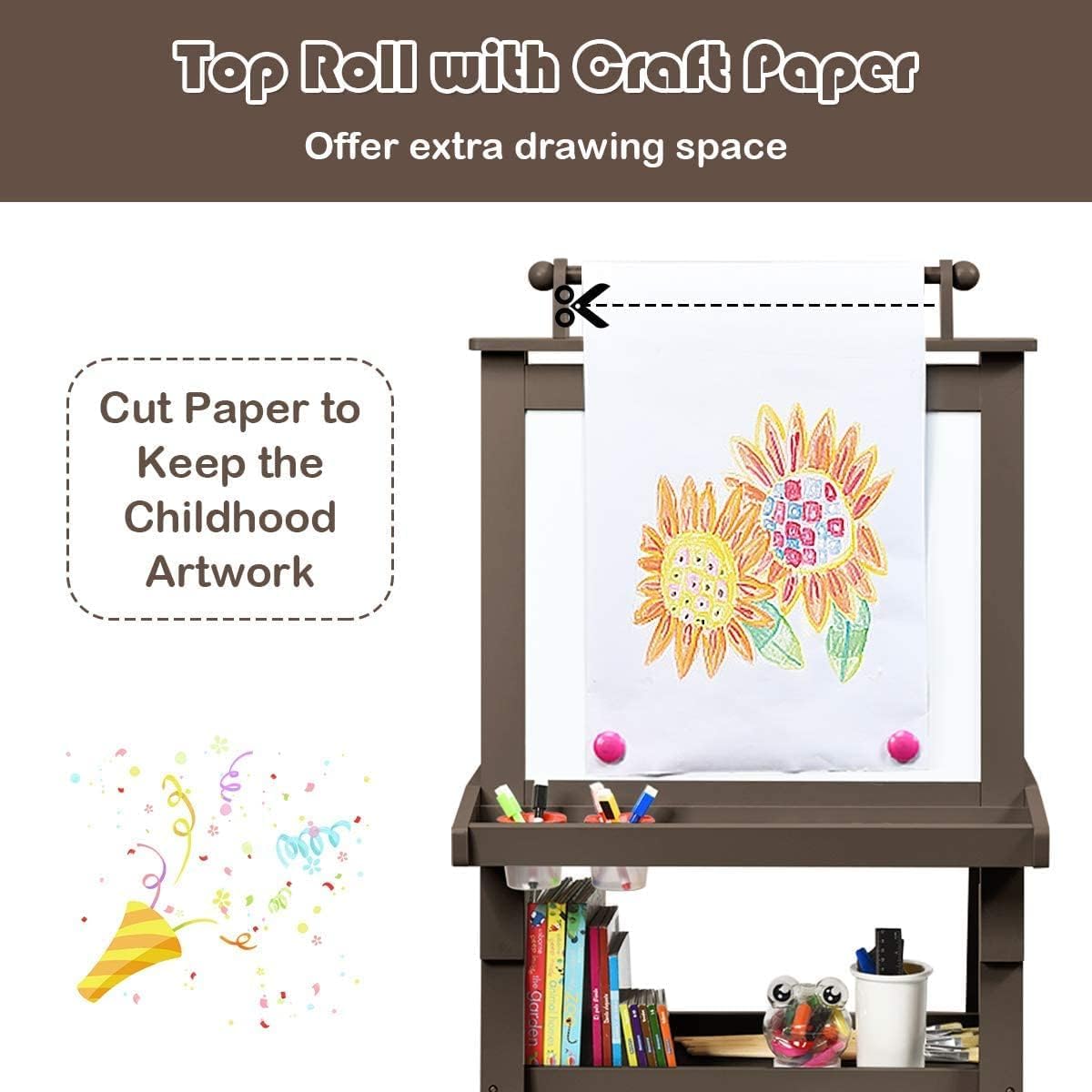 OLAKIDS Easel for Kids, 3 in 1 Wooden Standing Art Easel with Double Sided Drawing Board, Magnetic Whiteboard and Chalkboard, Painting Easel with 2 Shelves, 2 Storage Boxes, Paper Roller (Brown)