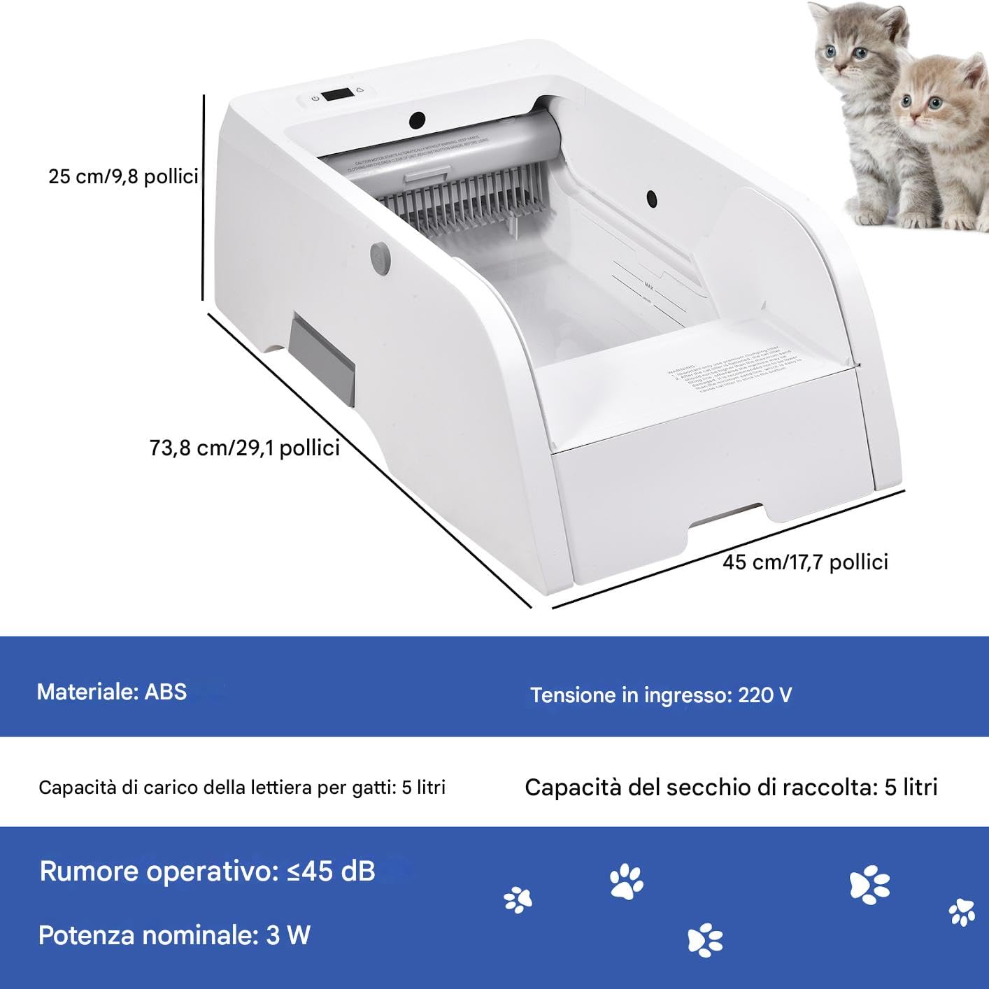 Lettiera per Gatti con Pulizia Automatica 5L Pulsante o Telecomando APP Sotto i 45 Decibel Lettiera Gatto con Sensore a Infrarossi e Protezione dalle Perdite 20 KG Massimo 73,8x25x45 cm