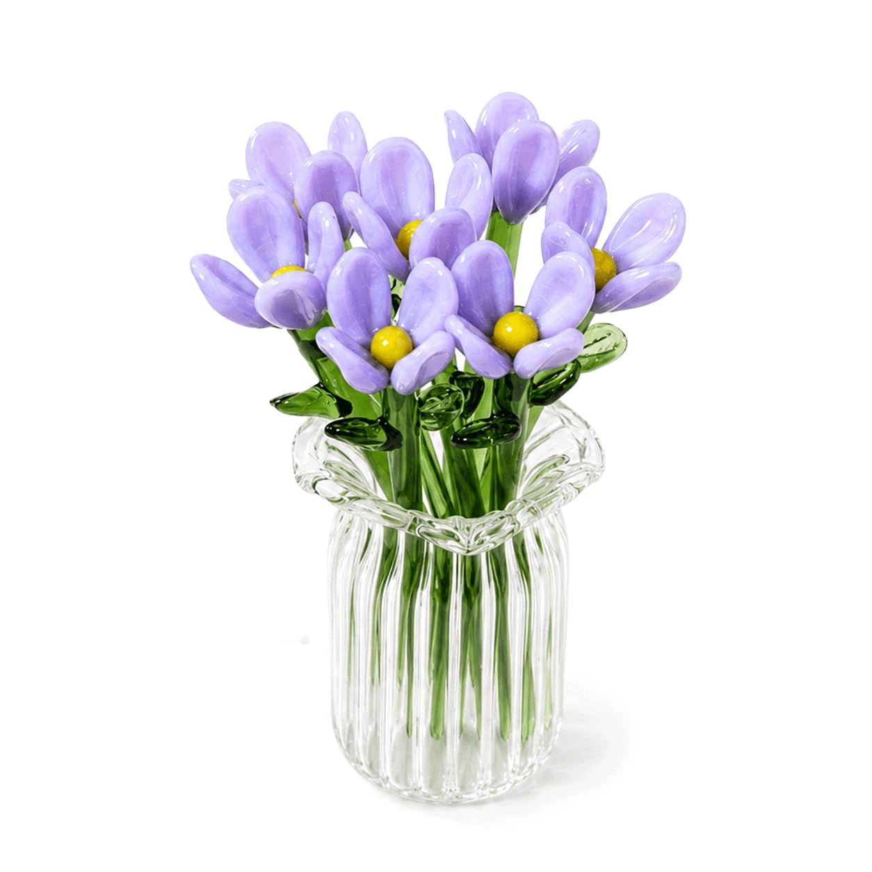 8Pcs Mini Glass Flowers in Vase, Hand Blown Colorful Glass Artificial Flower Bouquet Set, Cute Small Wildflower with Stems, Miniature Decor for Spring Table Ornament, Gift for Women Girl (Purple)