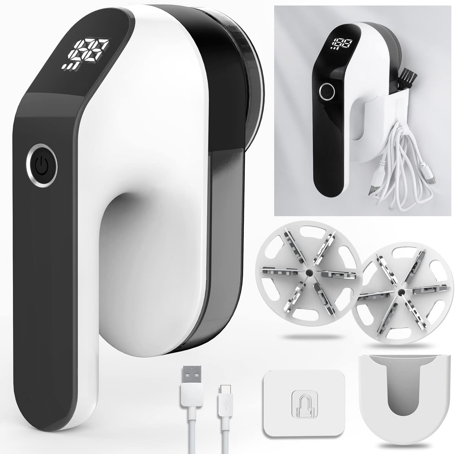 Electric Lint Remover, BAICIWE Fabric Shaver, Lint Removers for Clothes and Furniture with 3-Speeds and Battery Led Digital Display,2 Replaceable 6-Leaf Blades,Wall Mounted Storage Box