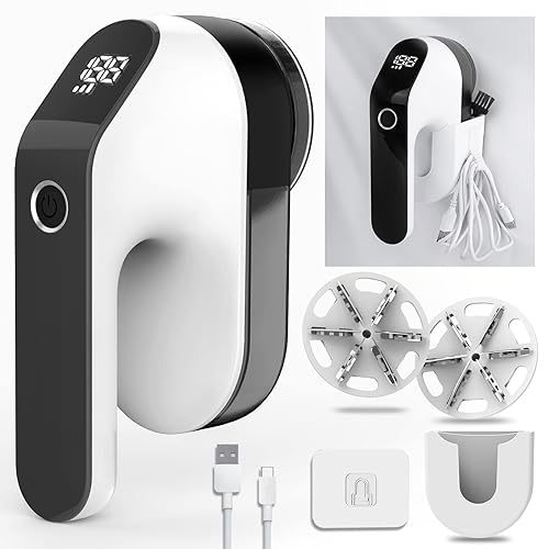 BAICIWE Electric Lint Remover, Rechargeable Fabric Shaver, Sweater Shaver for Clothes and Furniture with 3-Speeds and Battery Led Digital Display,2 Replaceable 6-Leaf Blades,Wall Mounted Storage Box - Matte Black