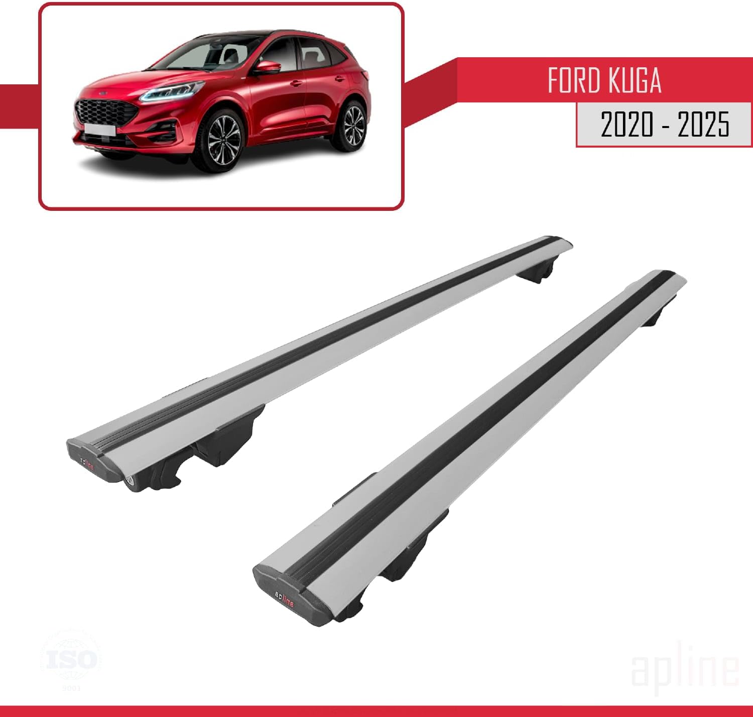 Compatible with Ford Kuga 3 (CX482) 2020-2025 Hook Model Car Roof Rack Cross Bar Grey Aluminium 2 Bars