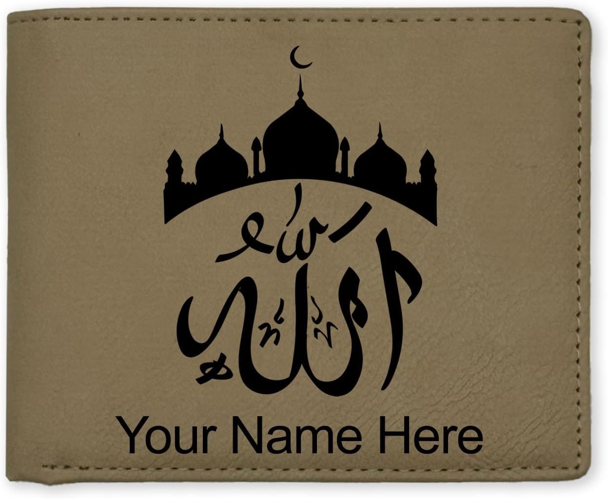 LaserGram Faux Leather Bi-Fold Wallet, Allah 2, Personalized Engraving Included (Black with Gold)
