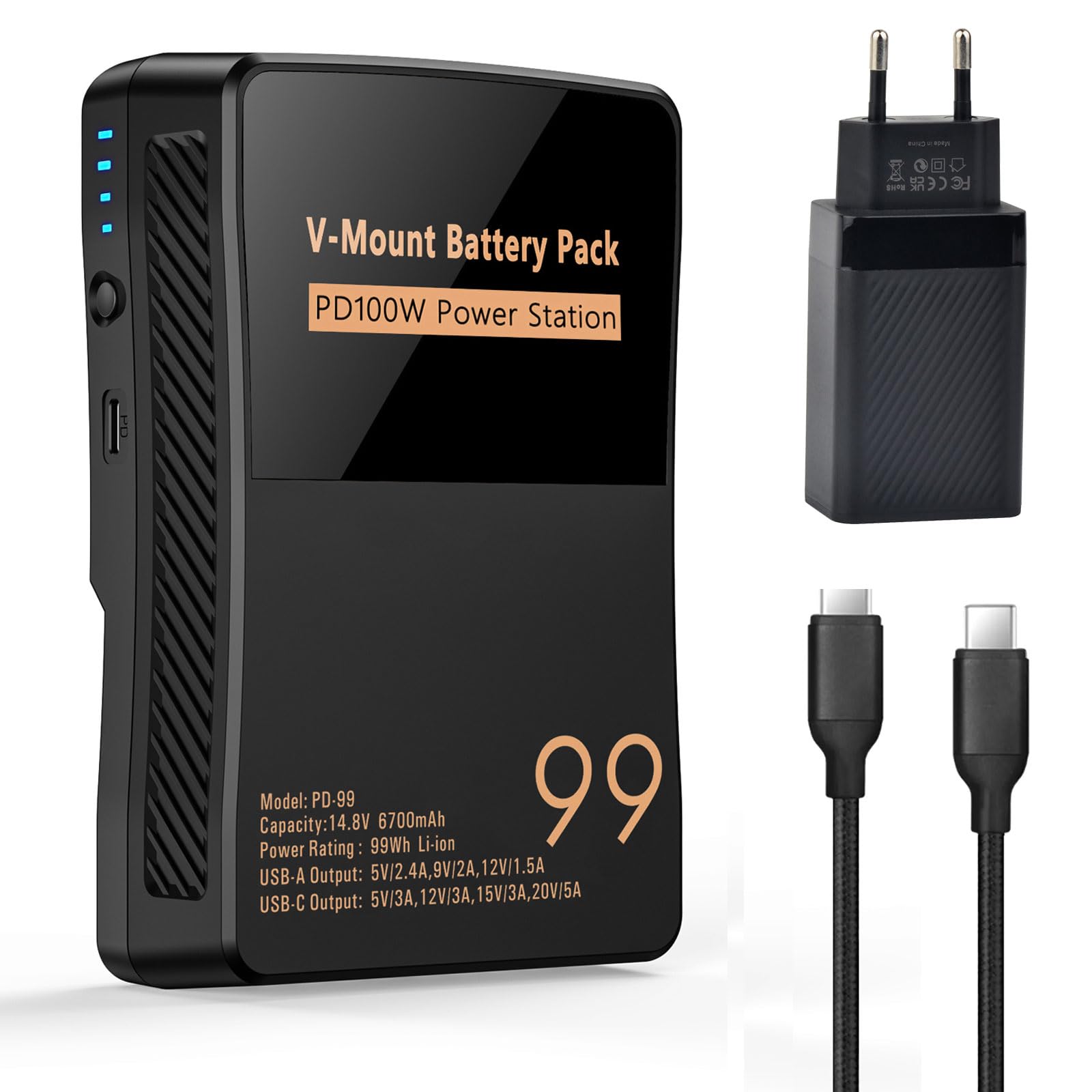 V Mount/V-Lock Akku 99Wh 6700mAh Mini V-Mount Batterie mit PD 100W USB-C Schnellladekabel und PD 65W Stecker für Camcorder, Kamera, Feldmonitor, Videolicht