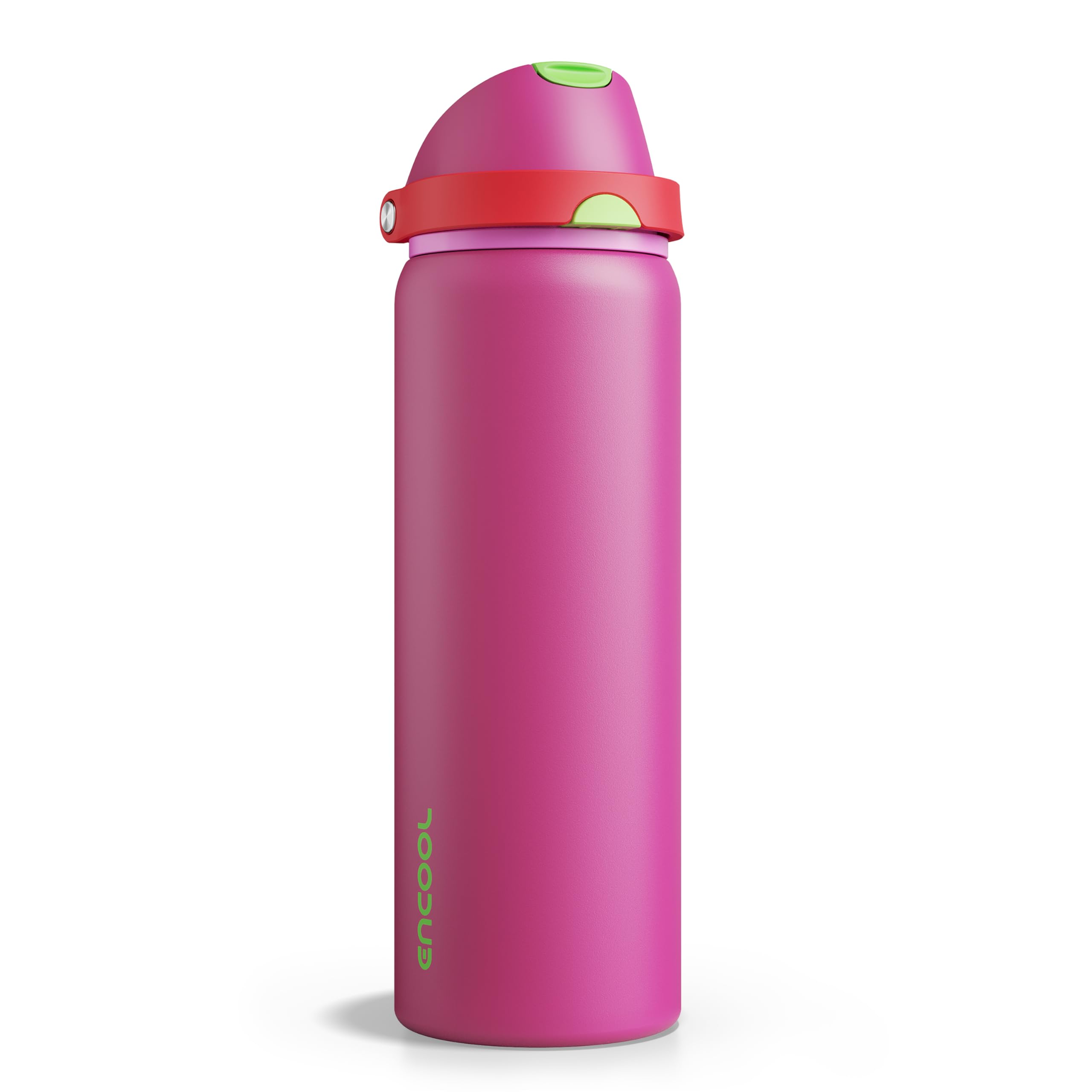 Insulated Water Bottle with Straw - Encool Stainless Steel Water Bottle with Push Button Lid, Leak-Proof &amp; BPA-Free, Keeps Cold for 24 Hours for Sports, Travel, Gym (32 oz, Cerise Pink)