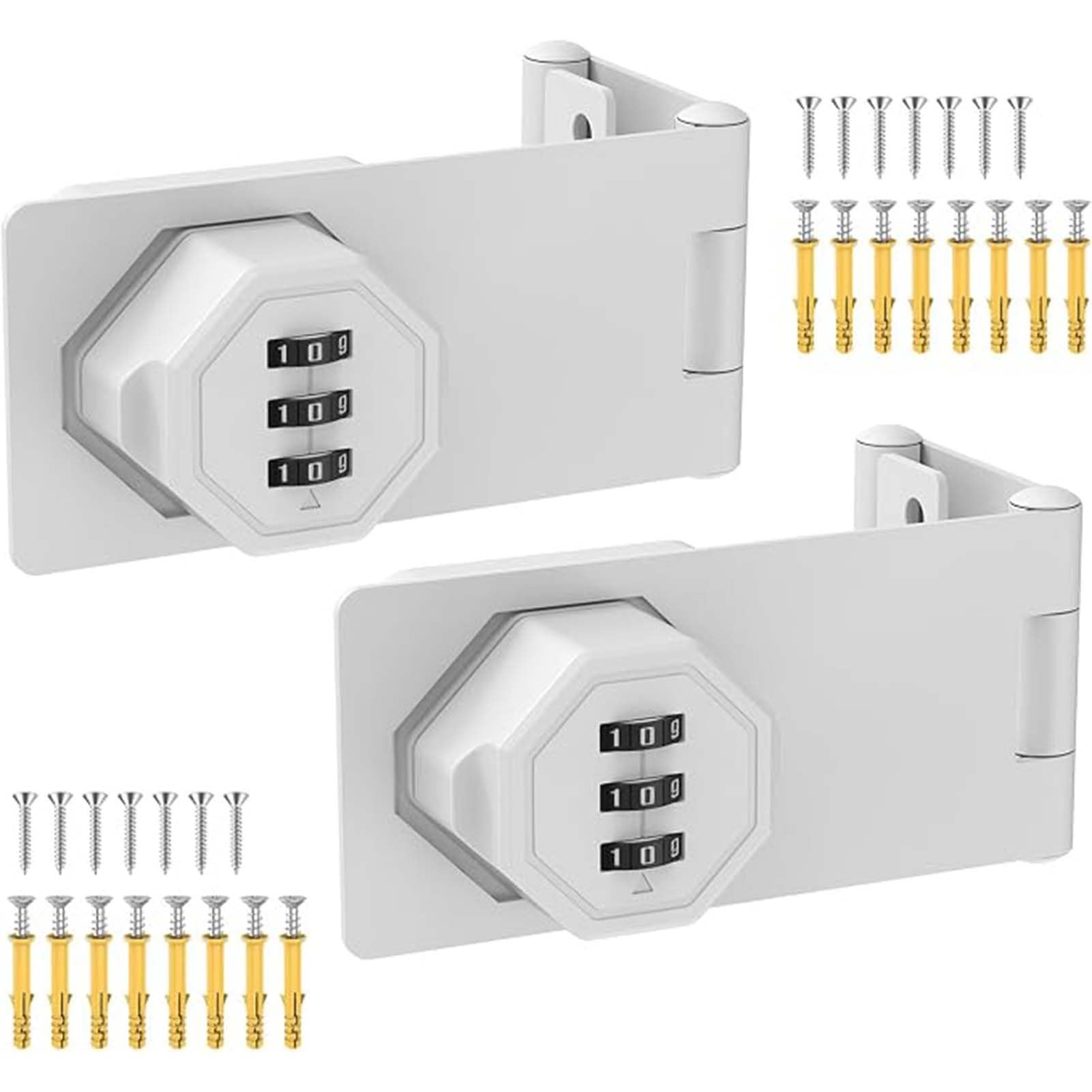 GUODDM Zinc Alloy Keyless Folding Hasp Lock Latch, 90 Degree 3-Digit Combination Cabinet Lock, Password Security Rotary Door Latch For Office File Cabinet, Drawer, Locker, Cupboard(White,2)