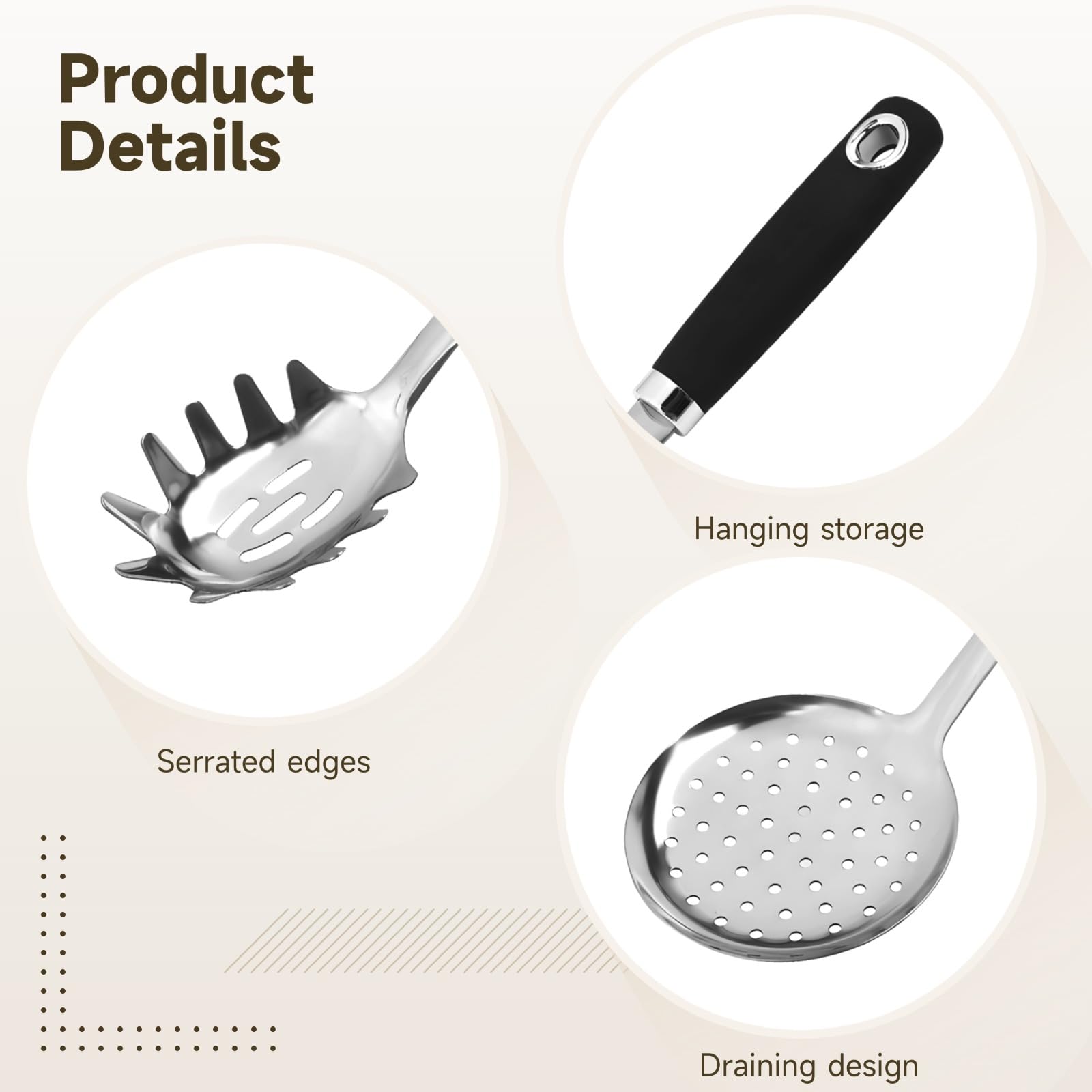 Lot de 2 cuillères à pâtes en acier inoxydable, écumoirs à spaghetti à tête ronde, poignée ergonomique antidérapante avec manche isolé, outils de cuisine pratiques pour égoutter les aliments et servir