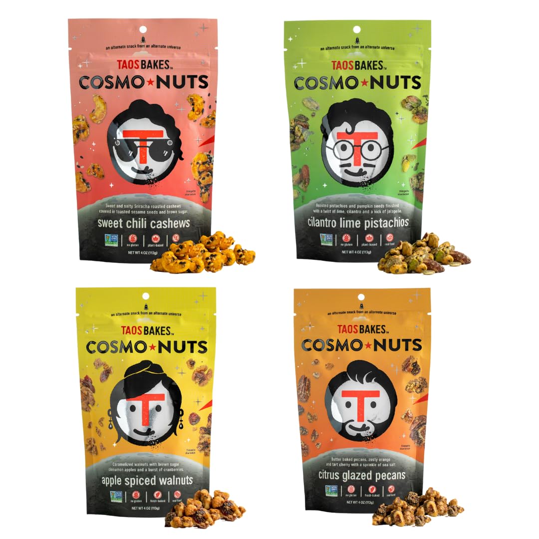 Taos Bakes - Flavored Nuts - Variety Pack - Cashews, Pistachios, Pecans and Walnuts - Gluten Free Snack - Non-GMO - Real Food - Baked By Hand - Spicy, Sweet, Tangy and Delicious (4 oz each, 4 Count)