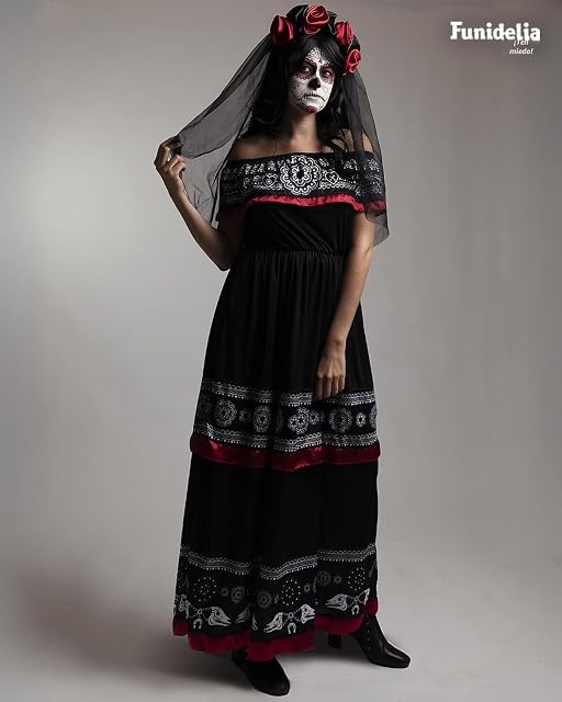 Foto 5 de 7 de Funidelia Disfraz de Catrina para mujer con diadema con flores y velo, Traje de Día de los Muertos…