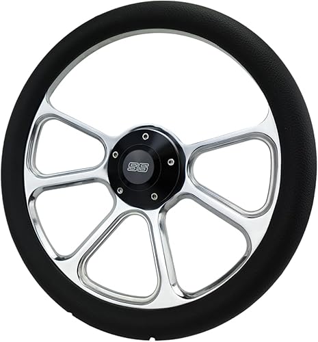 Miniatura 2 de Volante Billet Muscle de 14 pulgadas con envoltura de vinilo negro y cuerno SS negro, 5 agujeros