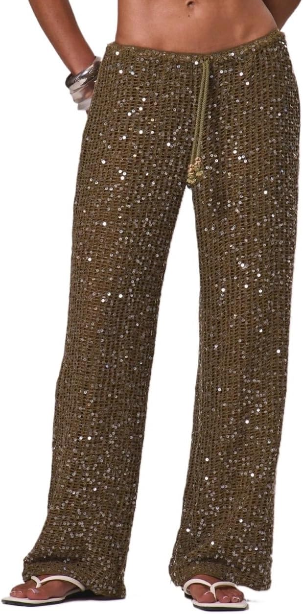 Women Beach Elegant Summer Sequin Wide Leg Trouser Spring Carvinal Beachwear cover ups for swimwear