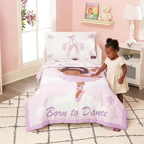 EVERYDAY KIDS 4 Piece Toddler Bedding Set – African American Ballerina - Includes Comforter, Flat Sheet, Fitted Sheet and Reversible Pillowcase – Girls Toddler Bedding