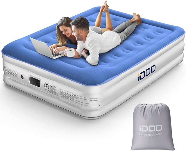 iDOO King Size Air Bed with Built-in Electric Pump and Pillow, Inflatable bed in 3 Mins Self-Inflation/Deflation, Air Mattress Flocked Surface Blow Up Bed for Home Camping 205x156x46cm, 295kg MAX