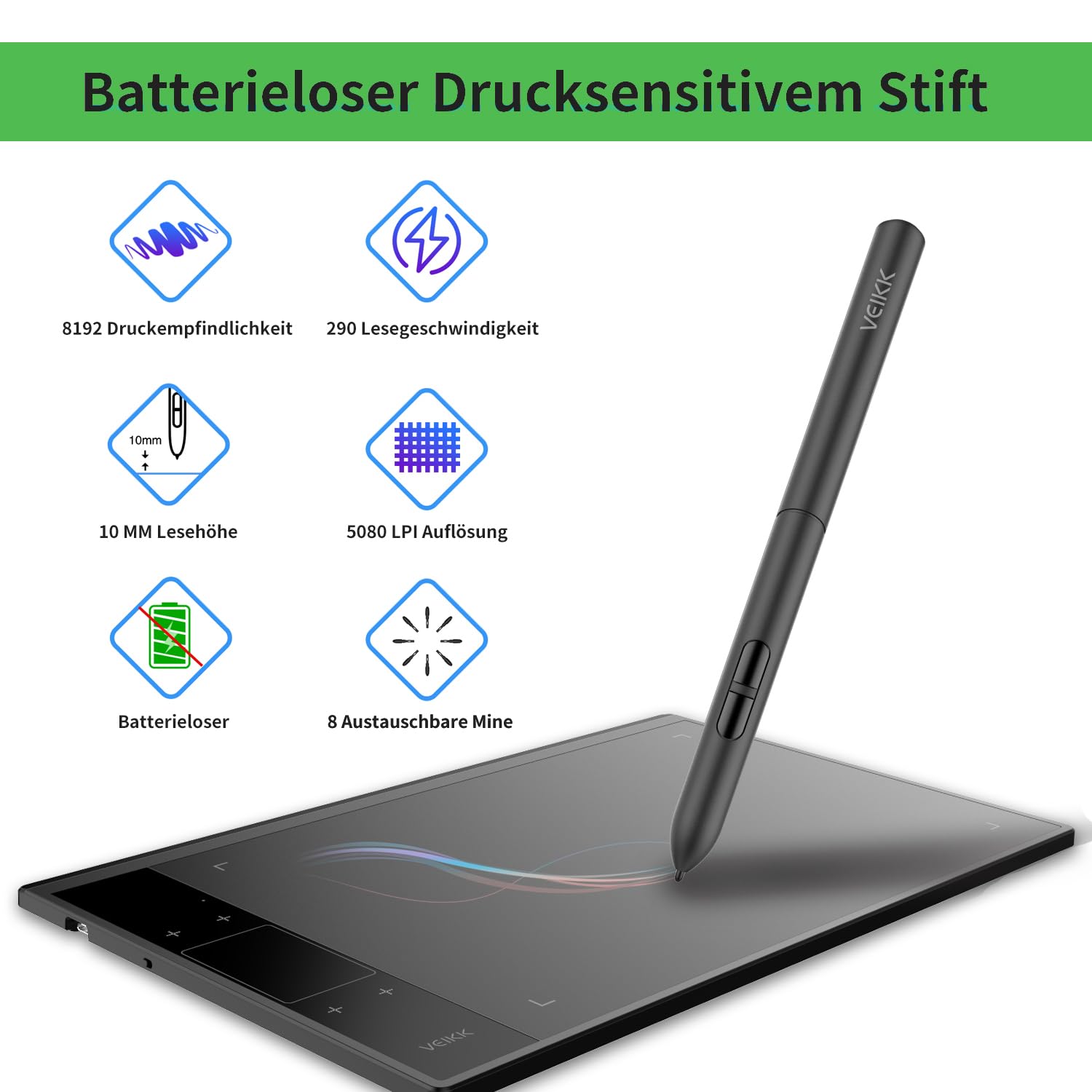 Grafiktablett VEIKK A30 V2 10x6 Zoll mit 4 Sensortasten und einem Gestenpad,Grafiktabletts mit Batterielosem Stift und 8192 Druckstufen, Drawing Tablet Kompatibel mit Win/Linux/Android/Mac