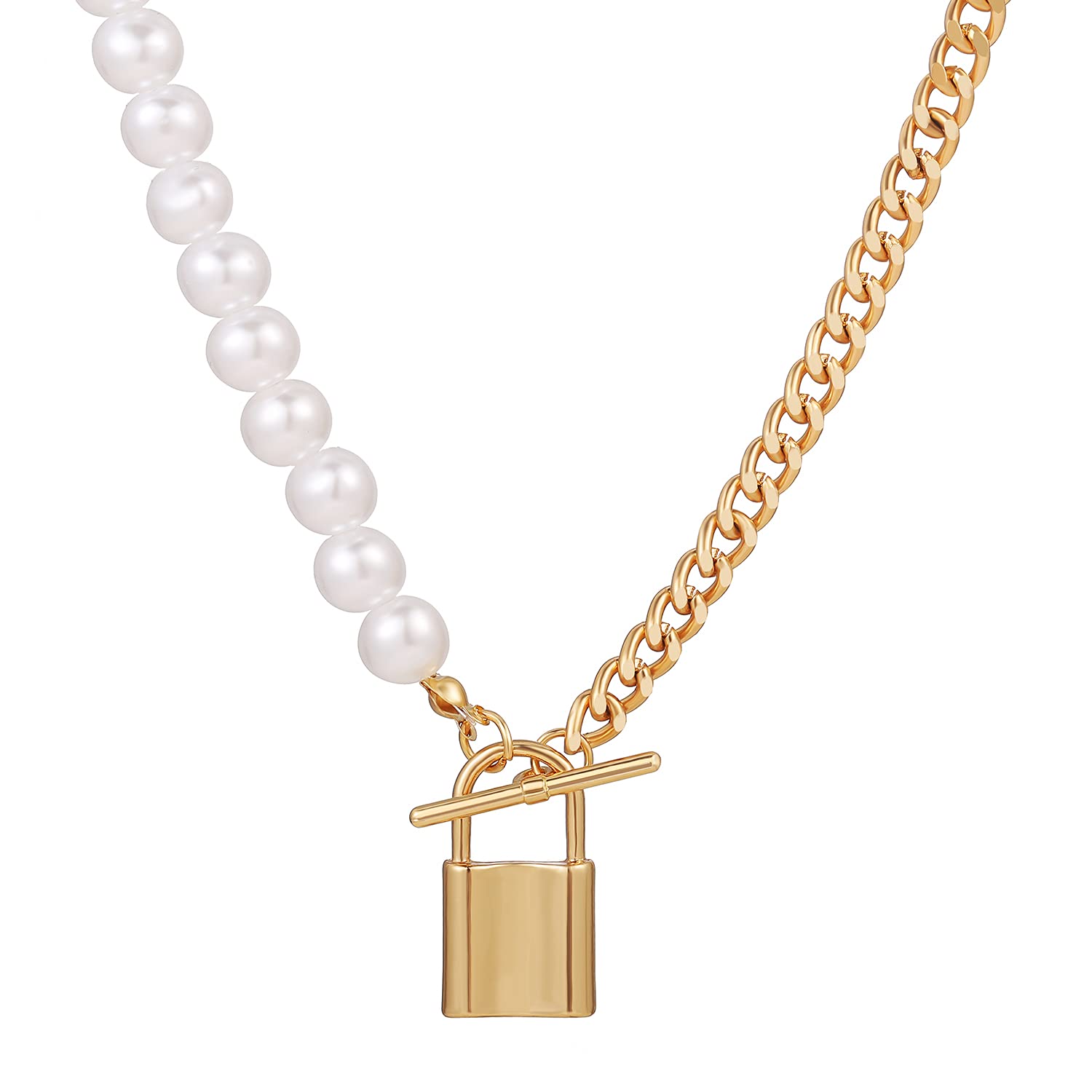 PeoraGold Lock Chunky Pearl Chain Necklace for Women Unlockable Lock Key Pendant Necklaces