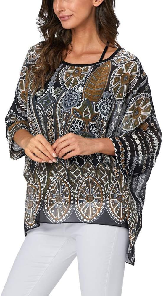 Ckikiou Plus Size Batwing Flowy Semi Sheer Chiffon Blouse Tunic for Women Summer Floral Print Boho Beach Cover ups - Image 5