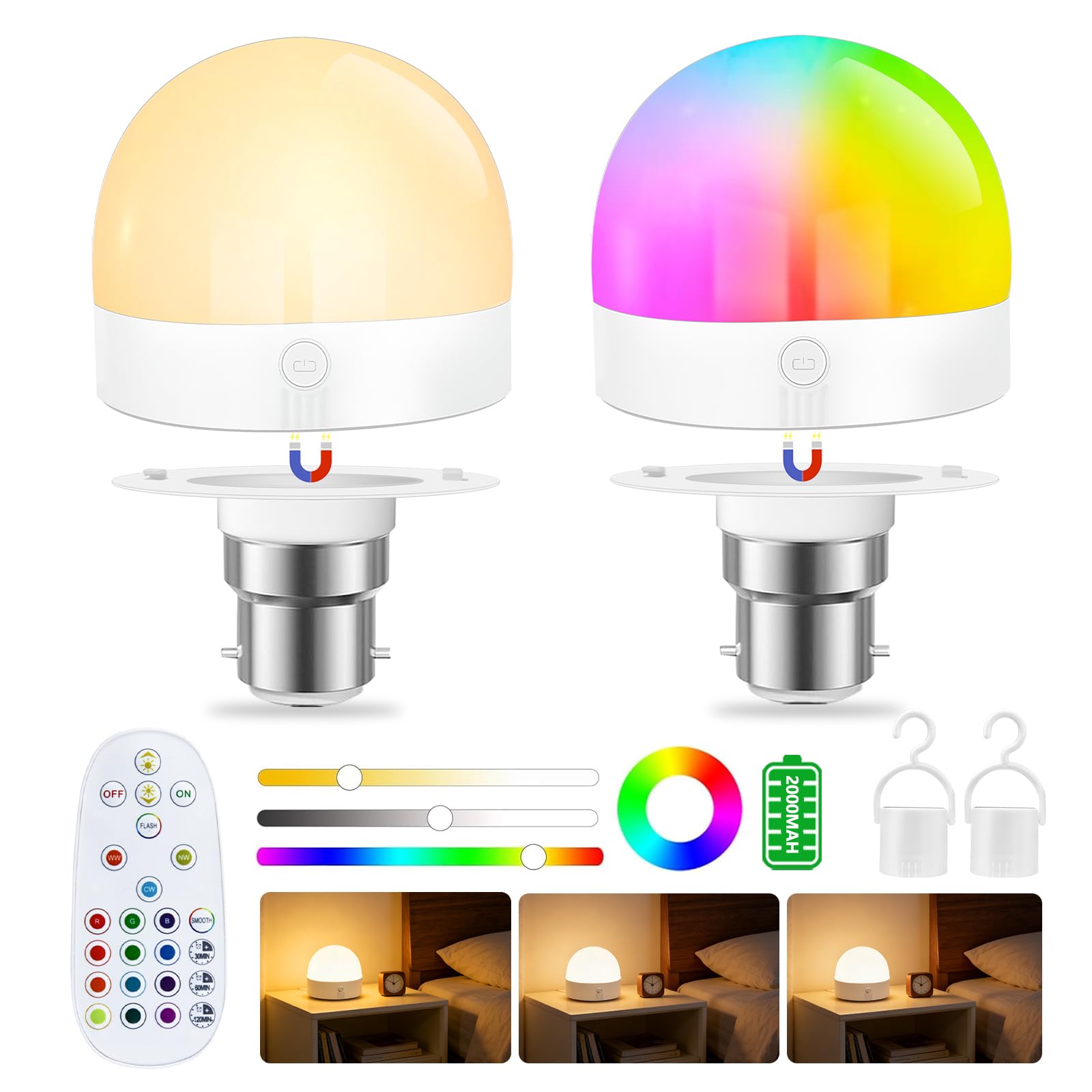 B22 Rechargeable Light Bulb,LED Dimmable Small Night Light with Remote Control,3CCT+ 12 RGB Colours,Bayonet Detachable Cordless Bulb for Non - Hardwired Lamps