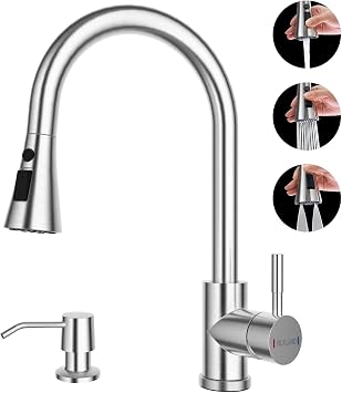 Kitchen Faucets with Soap Dispenser, Brushed Nickel Kitchen Faucet with Pull Down Sprayer 3 Modes, Stainless Steel Modern Kitchen Sink Faucets High Arch Single Handle Faucet