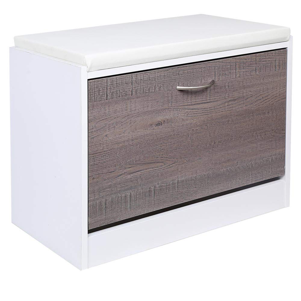 Bakaji Banco Zapatero de Madera con Puerta abatible Triple Profundidad y Asiento de Piel ecológica, tamaño 60 x 30 x 48 cm (Gris Roble)