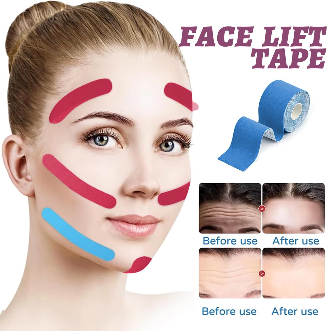 2 Piezas Cinta Lifting Facial Parches Antiarrugas Lifting Para Tonificar, Reafirmar Y Tensar La Piel Venda Piel Sensible (2.5Cm X 5M) (Rosa Y Azul Claro)
