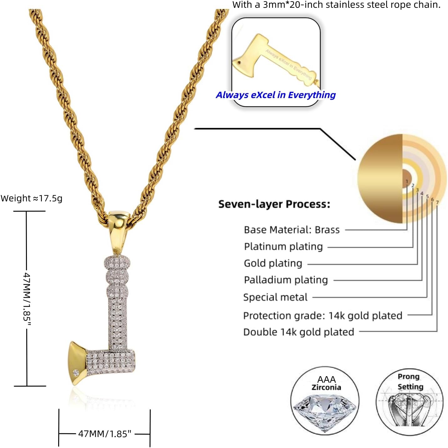 14K Gold-Plated Nano-Axe Pendant Necklace with Clear Zircon Stones, Solid Pendant with Engraved Message, 20-Inch Gold-Plated Stainless Steel Rope Chain Necklace for Men