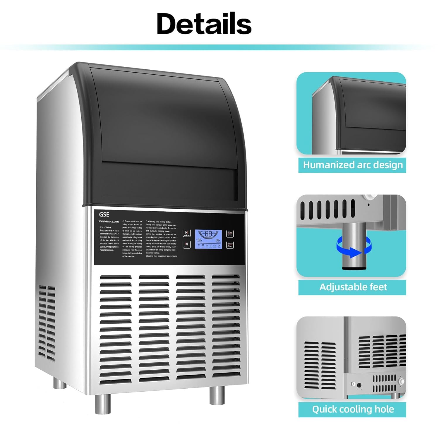 GSE Macchina per Cubetti Di Ghiaccio Commerciale 68kg/24h Fabbricatore Ghiaccio Con Schermo LCD Macchina Ghiaccio in Acciaio Inossidabile,Macchina Ghiaccio per Casa,Ristorante,Bar,Caffetteria (70 PCS)