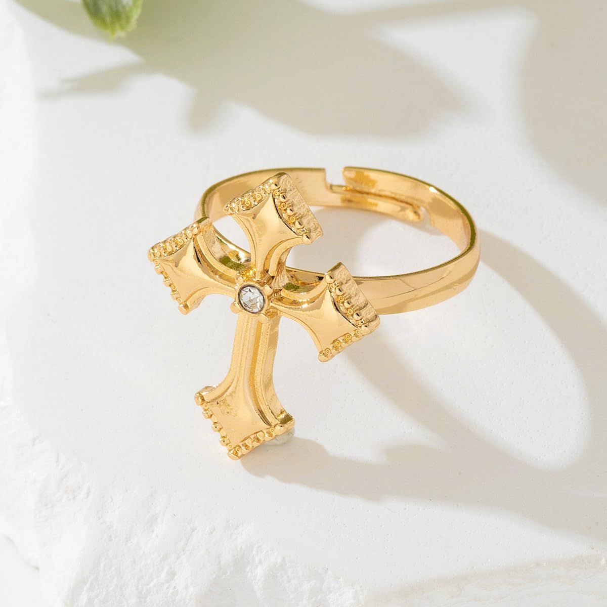 Trendy CZ Cross Open Rings Gold-Tone Plated Unique Rhinestone Religious Faith Knuckle Stackable Finger Adjustable Simple Band Promise Eternity Ring Wedding Statement Modern Jewelry for Women Men Couple - Image 4