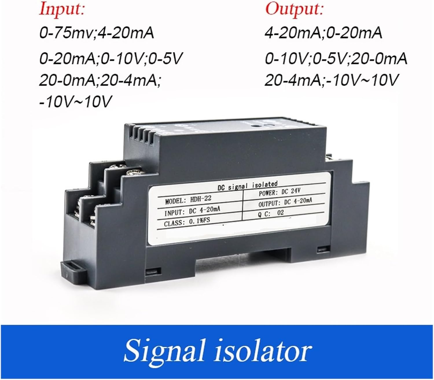 Signal Isolation Transmitter P+L+C Industry Isolator 0-10V Converter Passive Analog Signal Isolator 1 in 1 Out DC12-28V Power(Input 0-75mv,Output 20-0mA)