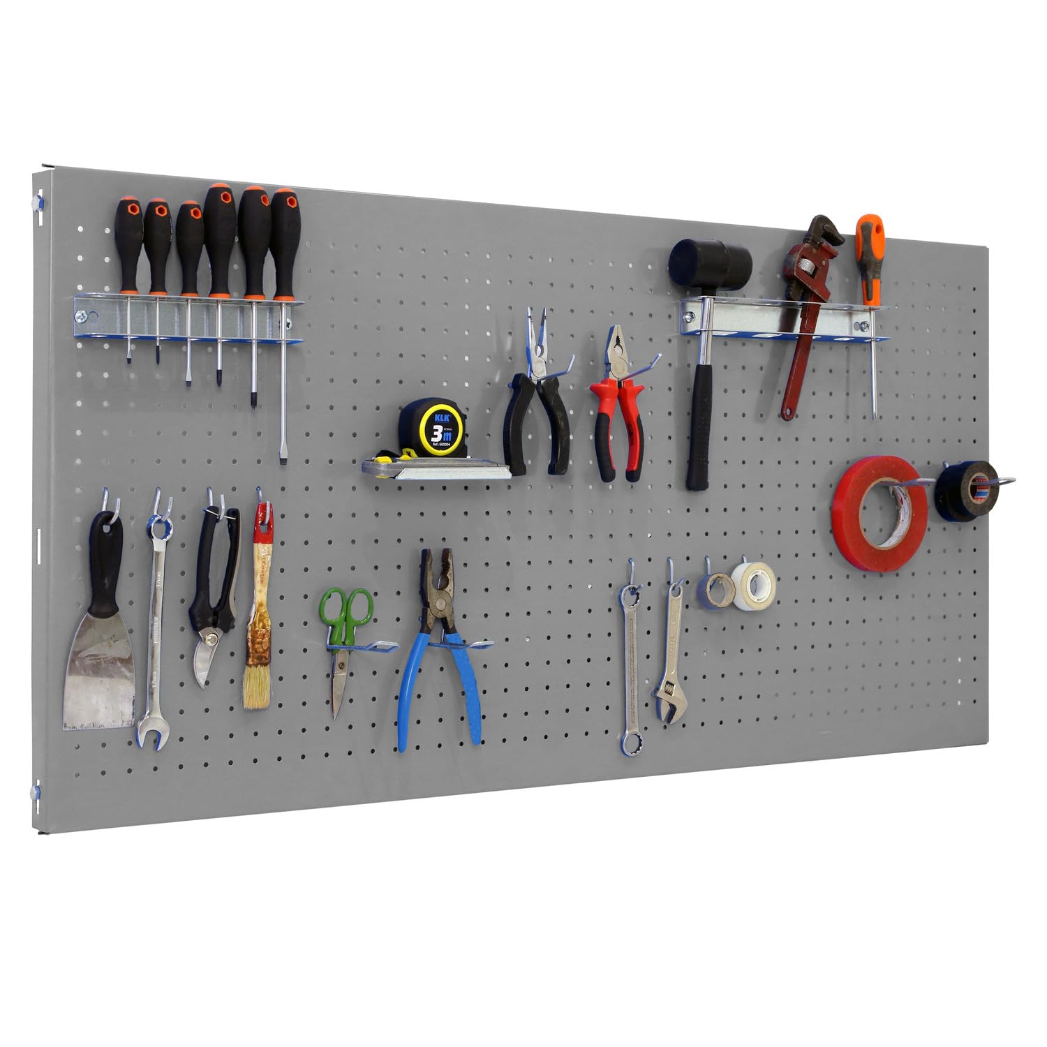 SimonRack Werkzeugwand, 17 teiliges Hakenset, 150x40x3,5 cm, Metall-Lochwand, Halterungen, Montagematerial, Grau - Simonwork