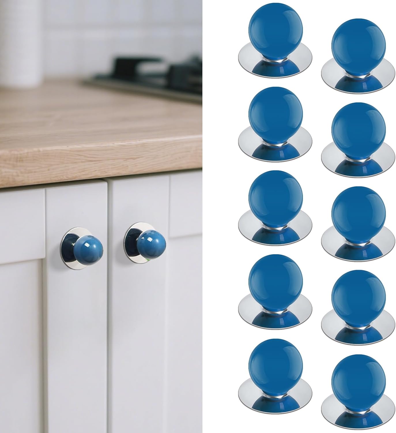10 Pack Peel and Stick Cabinet Knobs Blue Adhesive Ceramic Handles Ball Shape Adhesive Pulls Stick on Dresser Drill-Free Knobs for Cupboard Drawer Door Mirror Cabinet Wardrobe Container