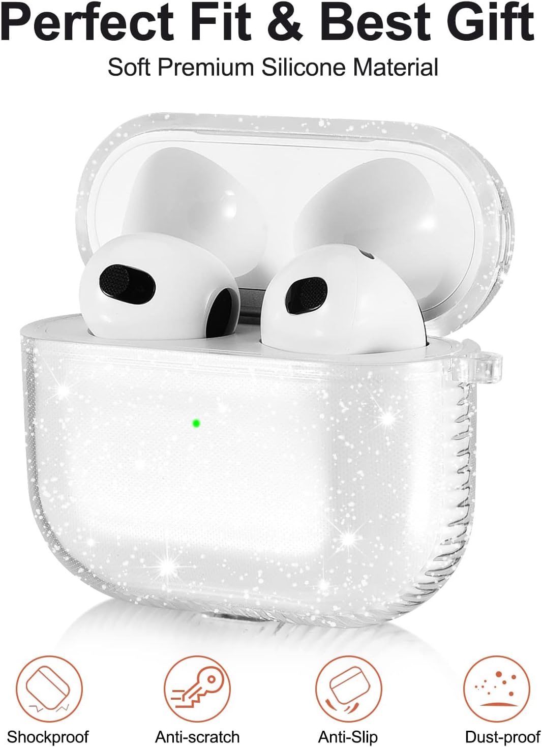 KOREDA Compatible with AirPods 3 2021 3rd Generation Case Cover, Soft Clear TPU Transparent Protective Shockproof Case Designed with Keychain for AirPod 3 Charging Case (Glitter Clear)