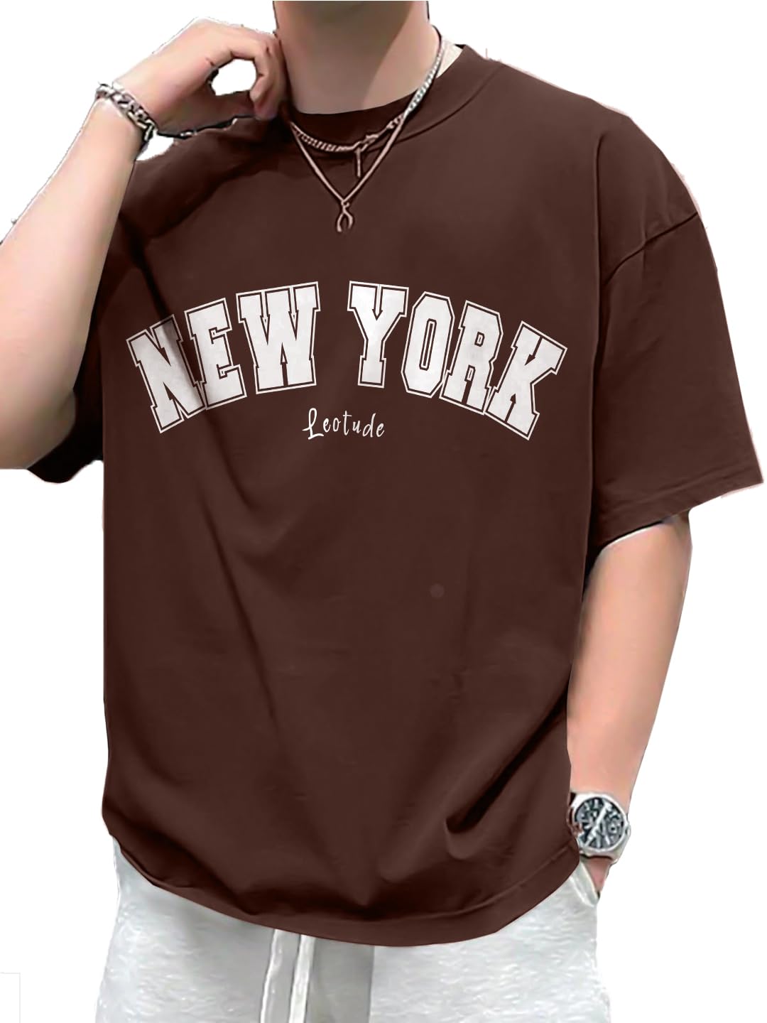 leotude Half Sleeve Cottonblend Printed Round Neck Drop Shoulder Oversized Tshirt for Man (Color Brown)-picture-23