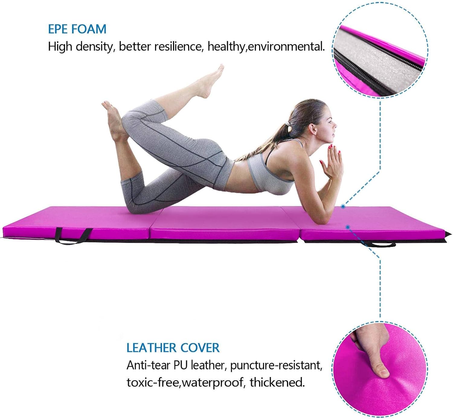 NC 6'x2'x2 Tri-fold Gymnastics Yoga Mat with Hand Buckle Purple : Everything Else